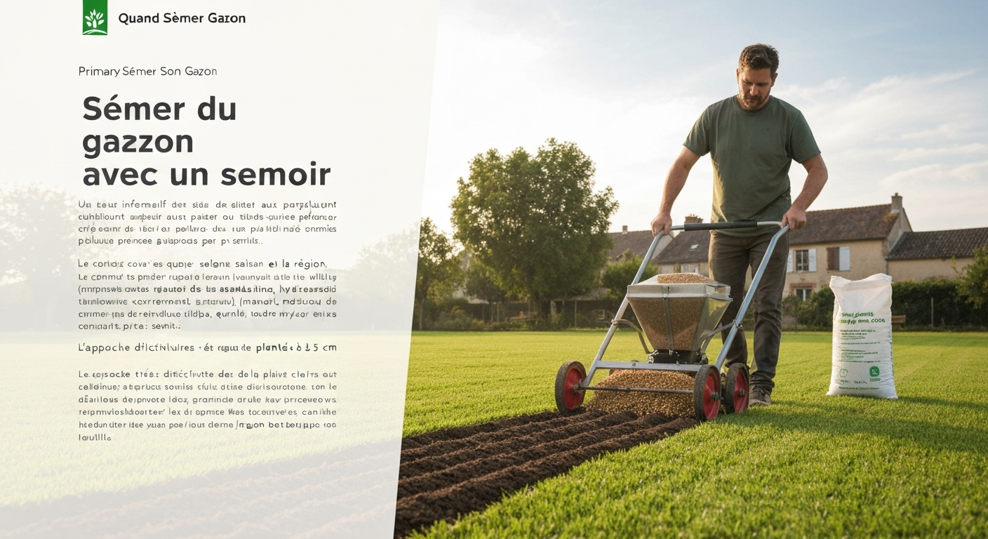 Jardinier poussant un semoir à roues qui répartit des graines de gazon sur une pelouse préparée