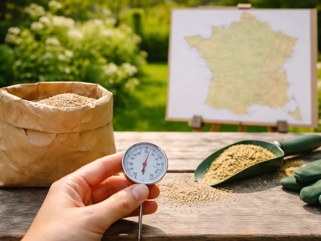 Main tenant un thermomètre de jardin à côté de graines de gazon, carte de France floue en arrière-plan.