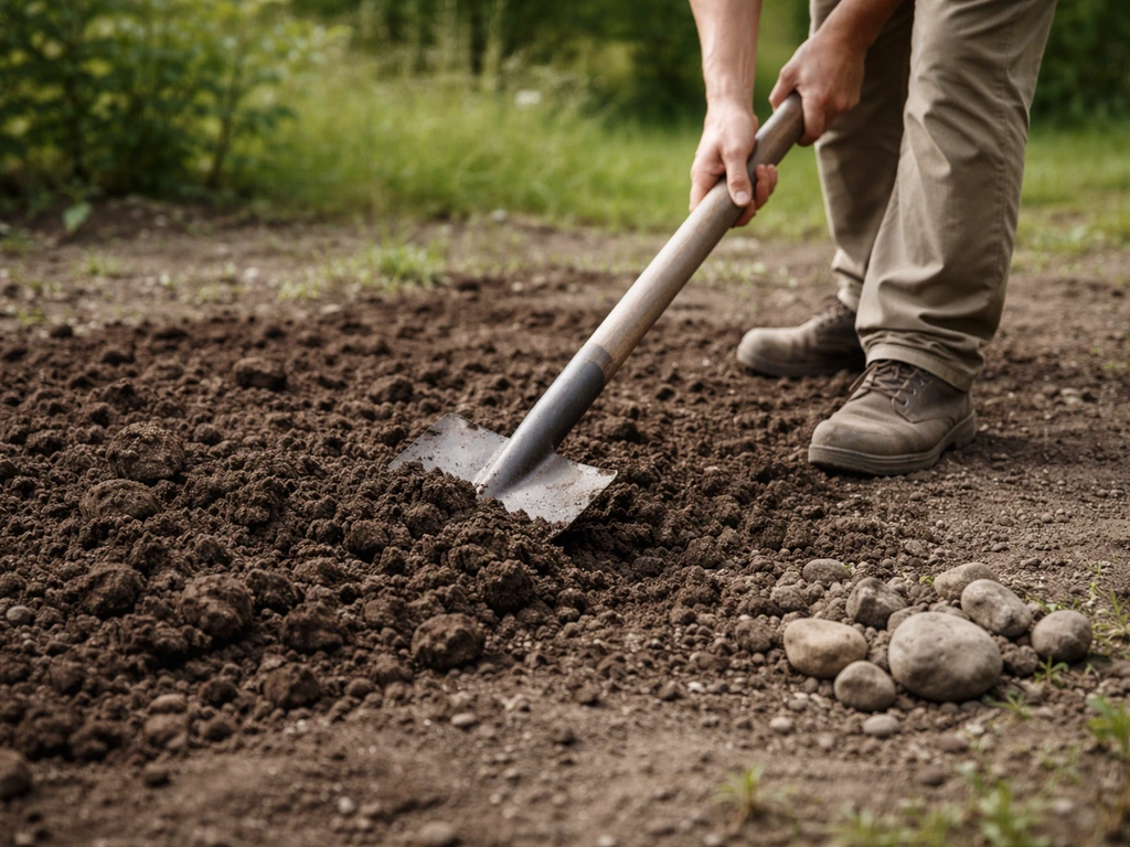 Bêche et terre fraîche ameublie en profondeur, mottes émiettées et cailloux visibles, jardin minimal.