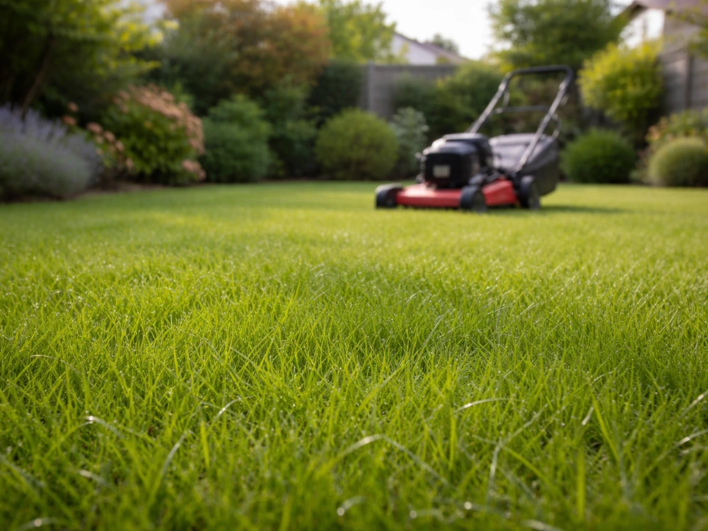 Jeune pelouse verte après la levée, brins de 8 à 10 cm, tondeuse réglée haut dans un jardin calme