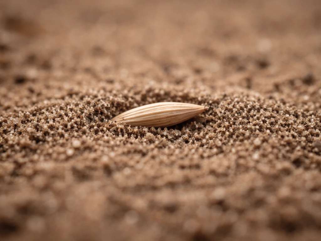 Graine de gazon sur un sol nu, avec un fin recouvrement de terreau/sable fin pour montrer l’humidité.