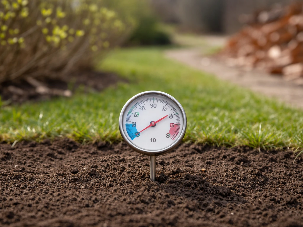 Thermomètre de sol dans la terre à ~10°C, avec repères de printemps et d’automne en arrière-plan.