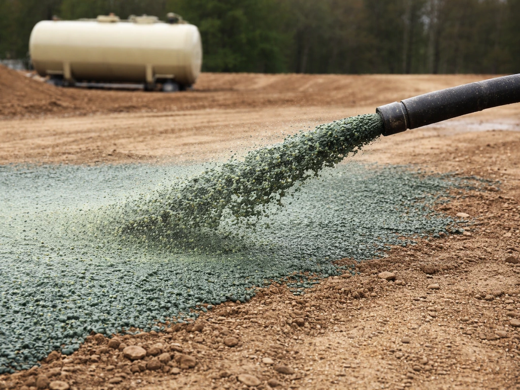 Hydroseeding : un jet projetant un mélange vert sur le sol depuis une cuve, couvrant la surface.