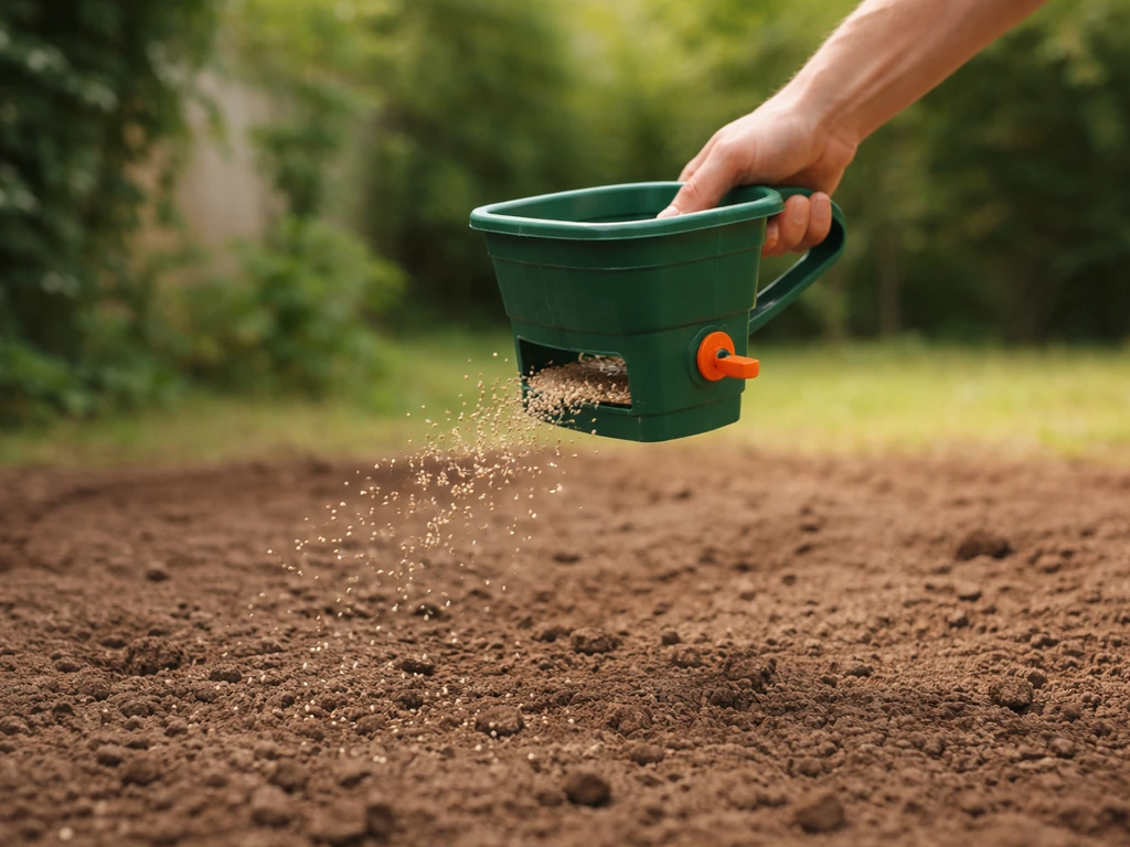 Main utilisant un épandeur à main pour répartir des graines sur une terre fraîchement préparée.