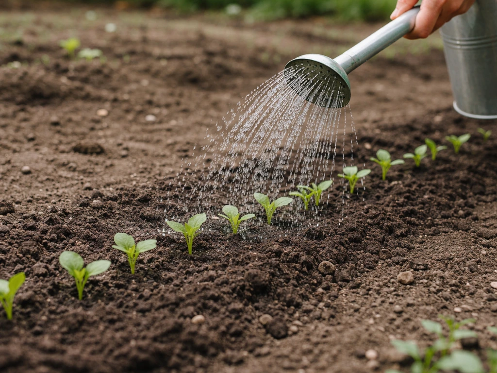 Arrosage de jeunes semis en pluie fine avec un arrosoir muni d’un diffuseur, sol humide à la surface