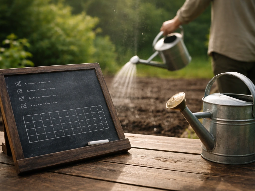 Ardoise de jardin avec checklist abstraite, arrosoir et terre humide après le semis, lumière naturelle.