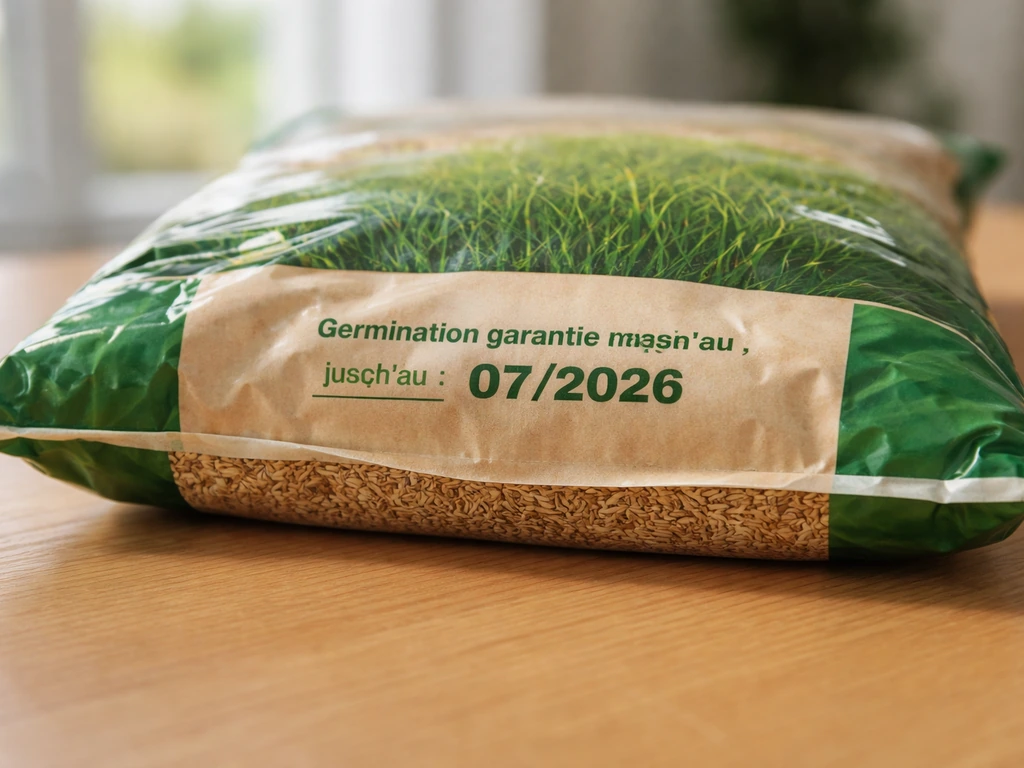 Sac de graines de gazon, étiquette lisible avec date de conditionnement et mention de germination garantie.