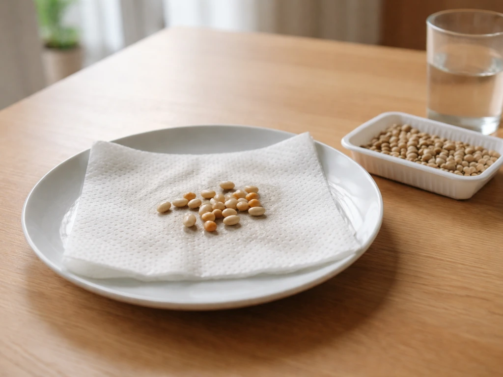 Assiette avec essuie-tout humide et graines prêtes pour un test de germination à la maison.