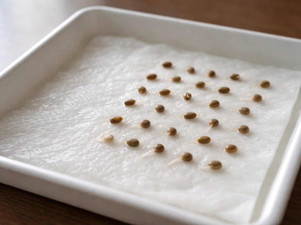 Gros plan d’un essuie-tout humidifié avec graines espacées, certaines germées avec radicule visible.