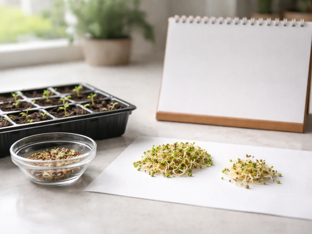 Plateau de germination avec graines germées et deux petits tas pour illustrer l’ajustement du semis.