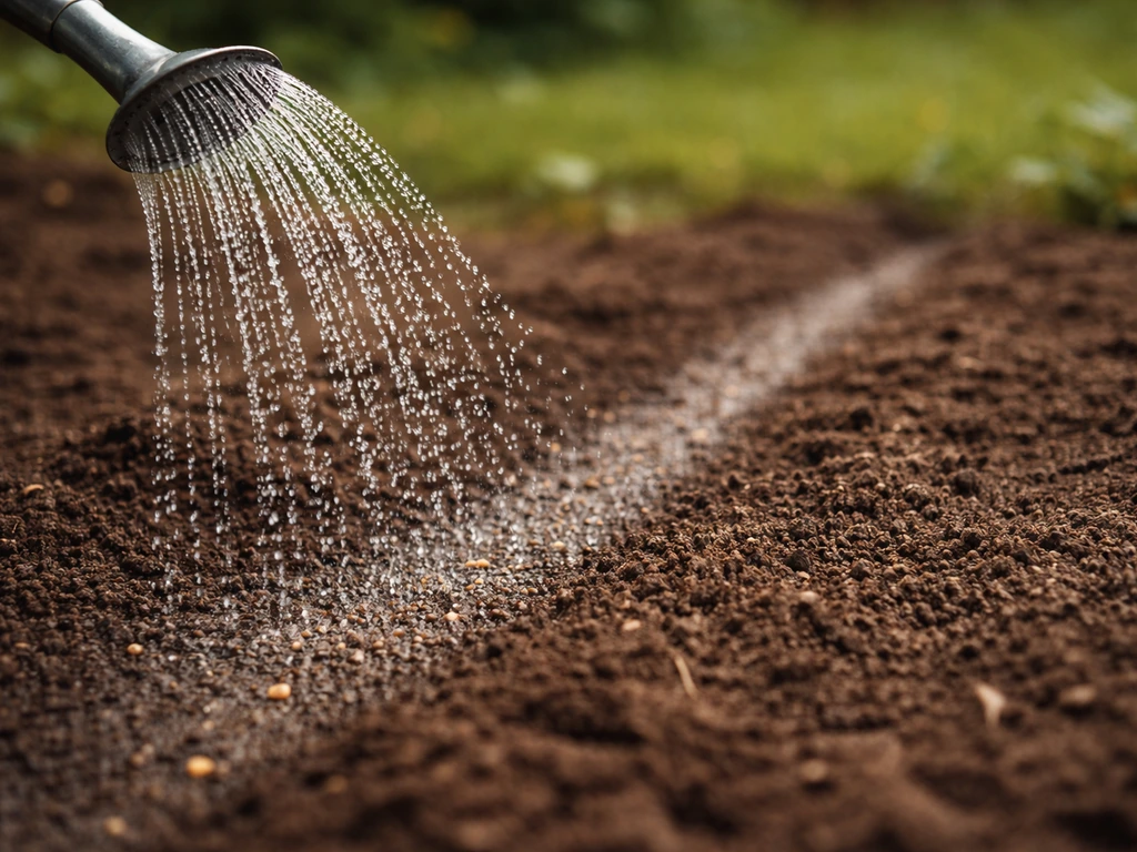 Micro-arrosage en pluie fine sur une rangée de graines, terre humide sans détremper.