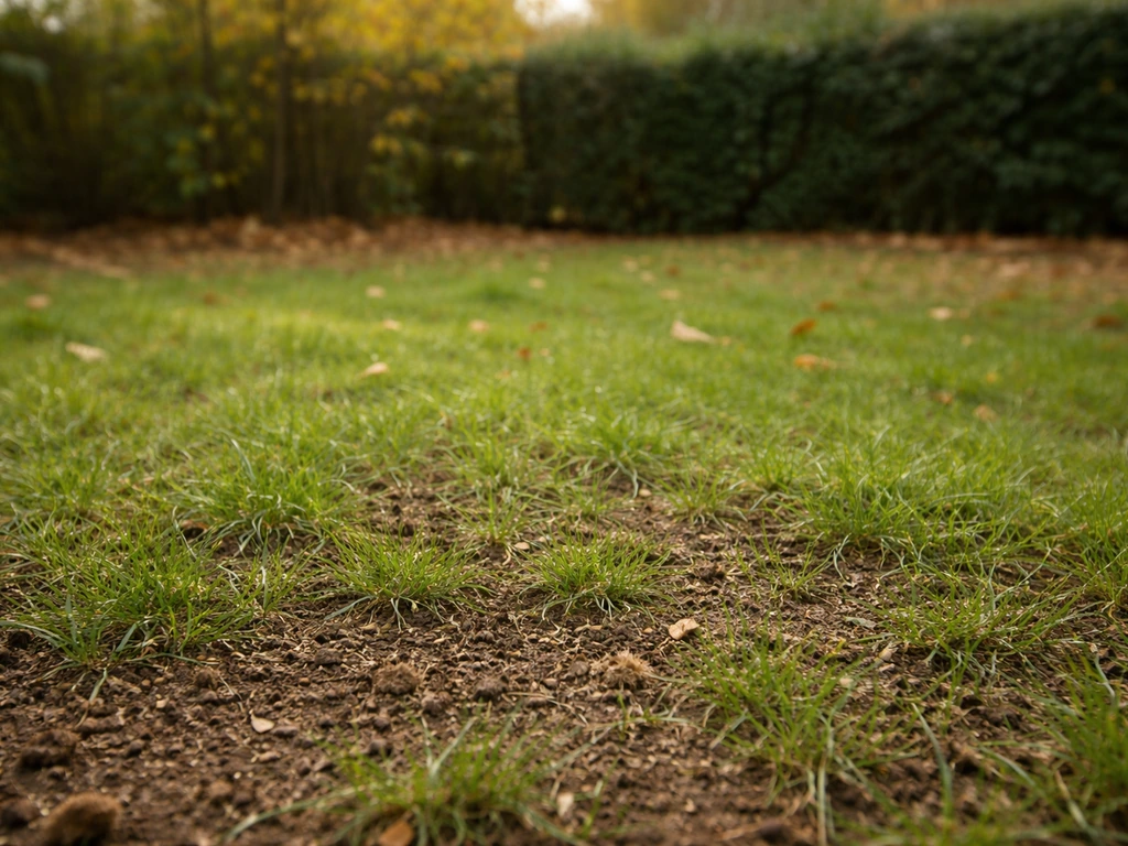 Pelouse de jardin française en novembre, sol humide et quelques graines à même le sol, ambiance automnale.