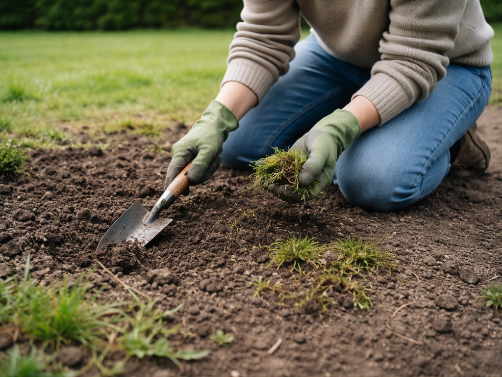 Personne agenouillée désherbant une pelouse, retirant mousse et mauvaises herbes avant de semer.