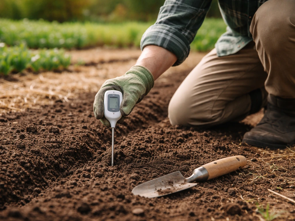 Jardinier vérifiant la température du sol avec un thermomètre avant de semer dans un potager.