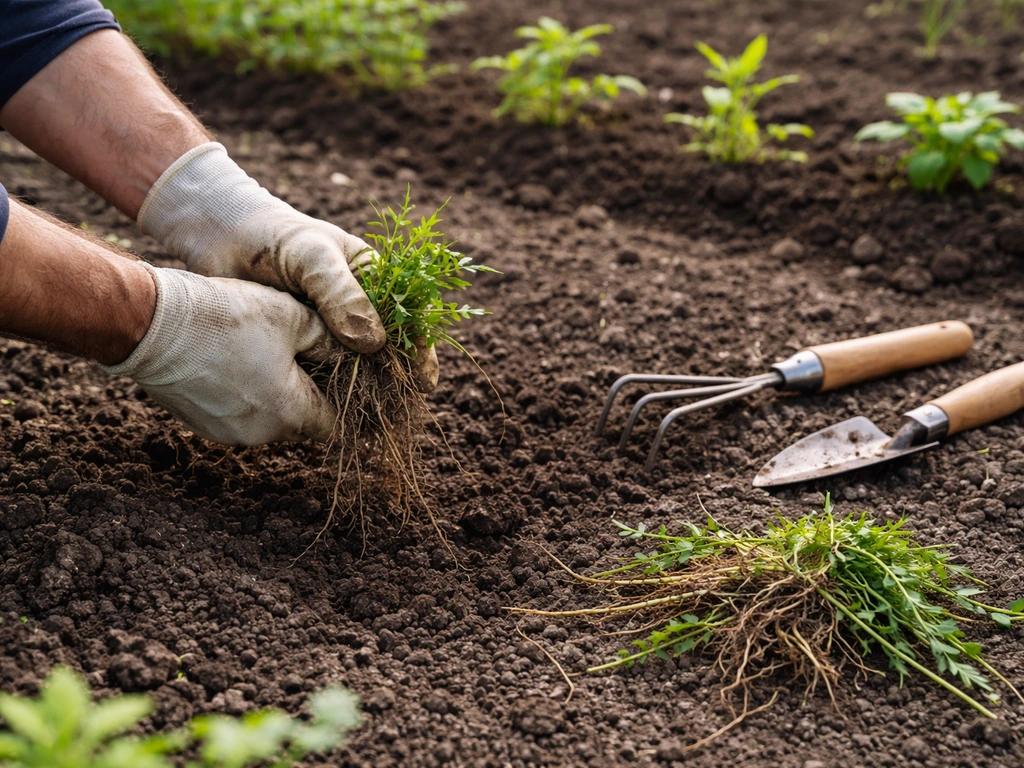 Mains qui arrachent des mauvaises herbes avec racines puis sol griffé dans un potager, sans texte.