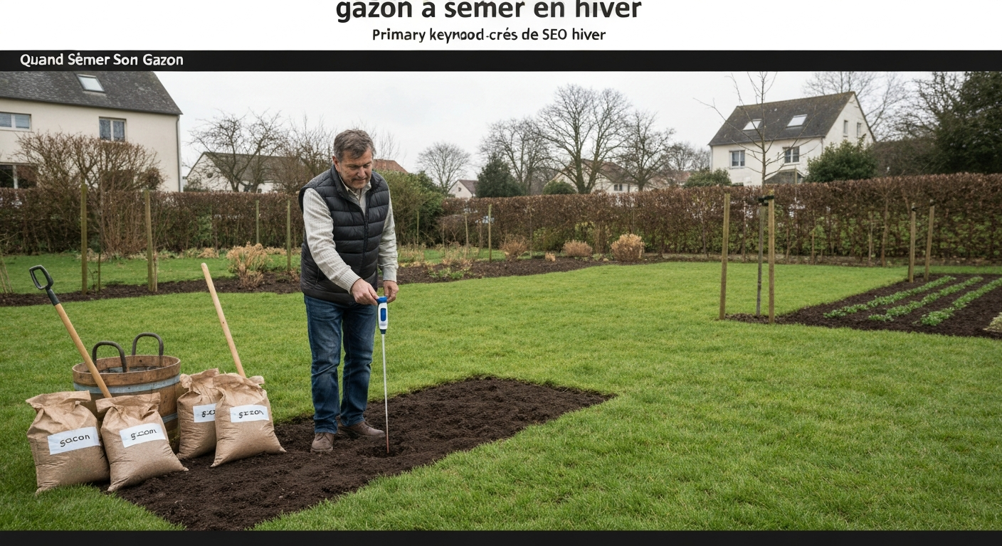 Jardin familial en hiver avec semis de gazon et thermomètre de sol indiquant environ 7 °C