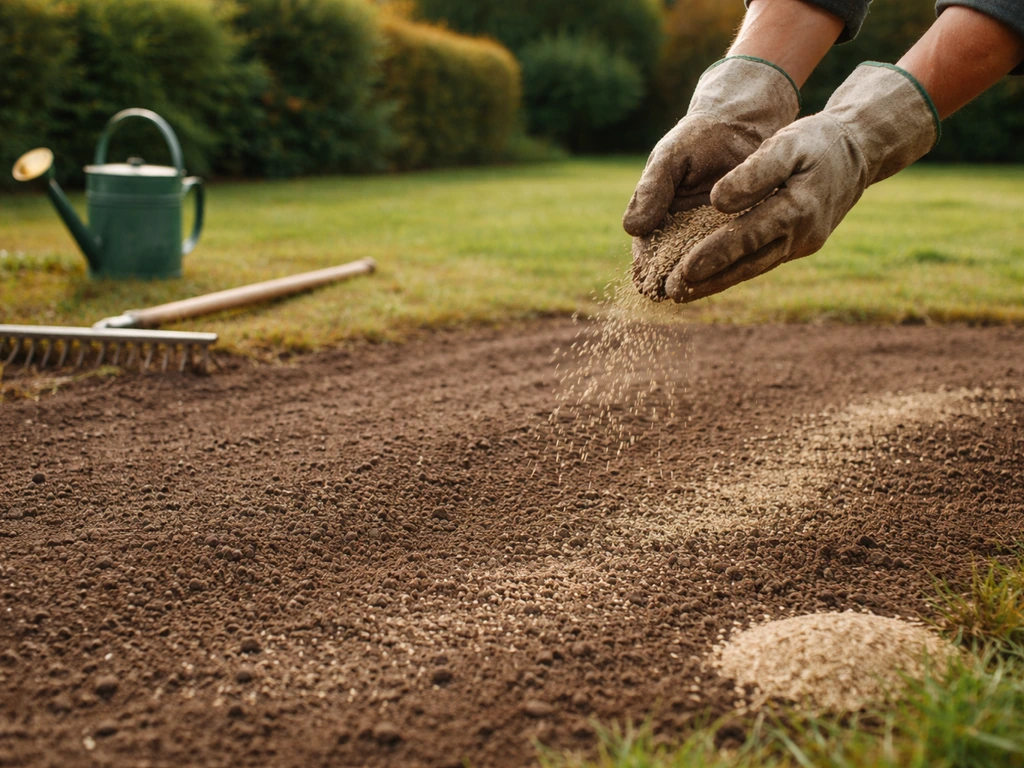 Préparation du sol et semis de gazon en septembre : râteau, graines et terre fraîche dans un jardin.