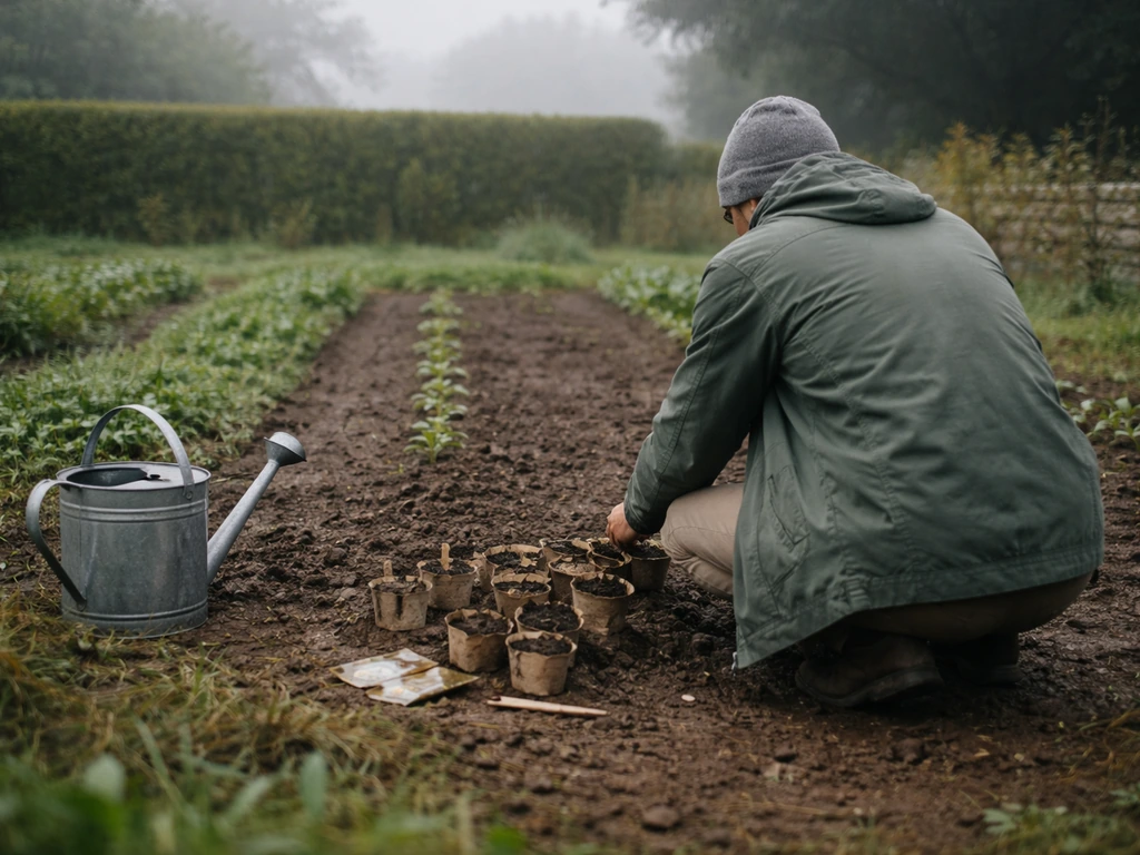 Jardin potager au début de septembre : semis en godets, sol humide et arrosoir, ambiance automnale grise.