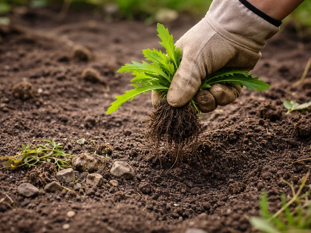 Gros plan sur une main gantée arrachant des mauvaises herbes et retirant cailloux et débris du sol.
