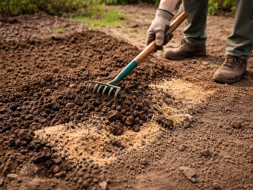Terreau et sable grossier mélangés dans un sol, avec ratissage pour obtenir une surface plane