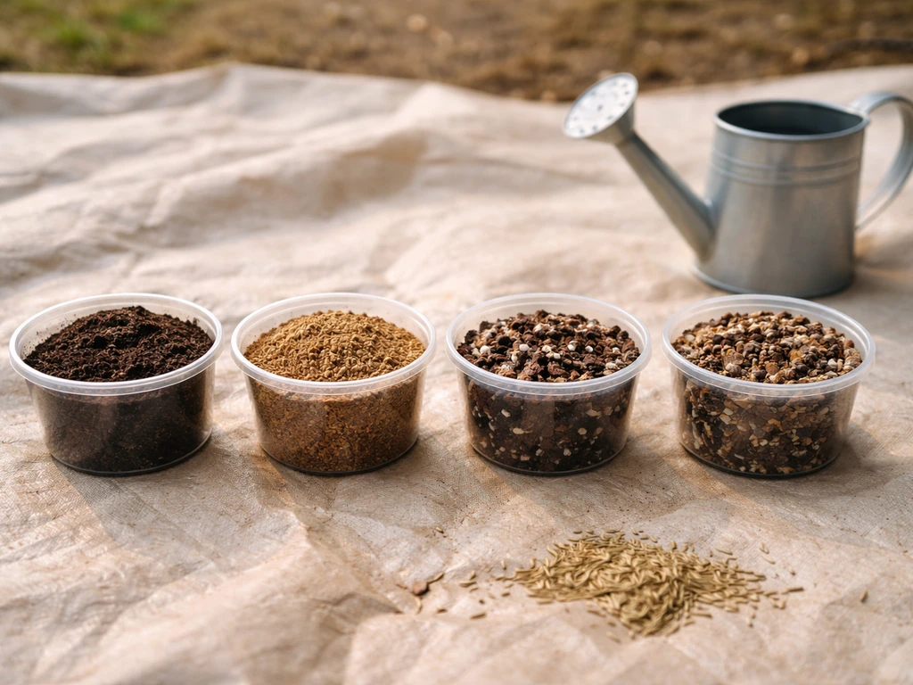 Quatre échantillons de substrat fin pour semis de gazon, sur une bâche, textures visibles et graines éparses.