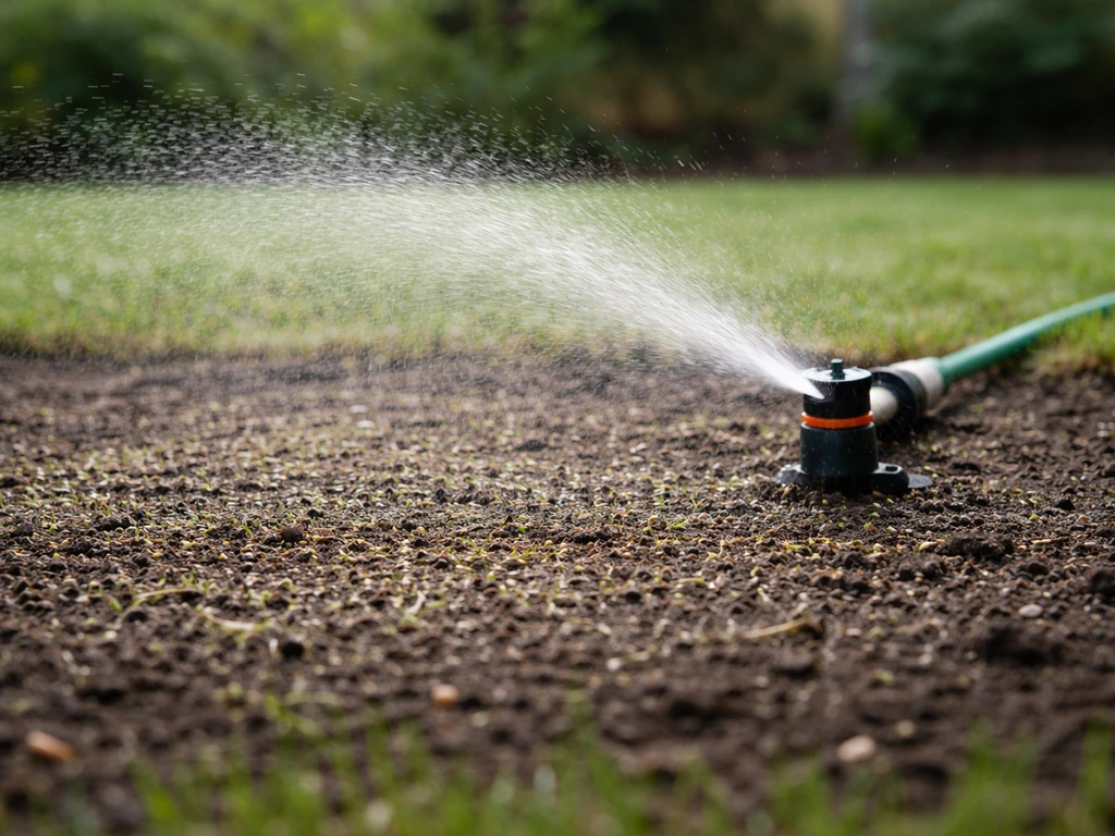 Arroseur à jet très doux au ras du sol couvrant des semis de gazon récemment recouverts, sans ruissellement.