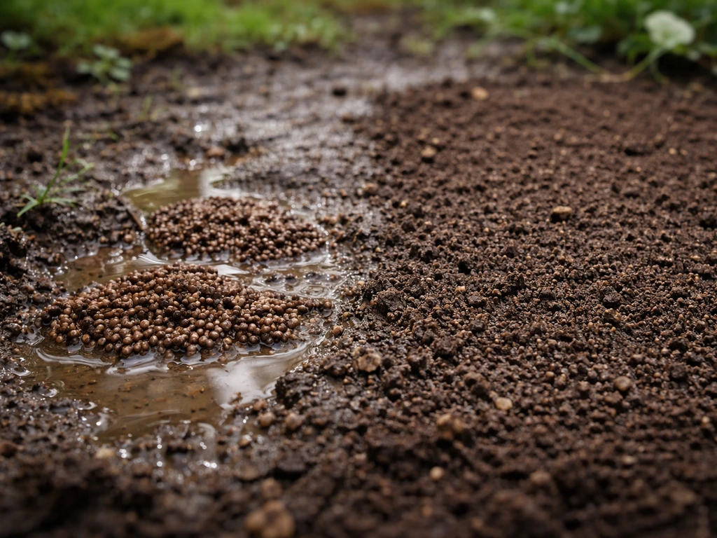 Après une forte pluie, graines visibles en amas dans les points bas, et une zone homogène mieux recouverte.