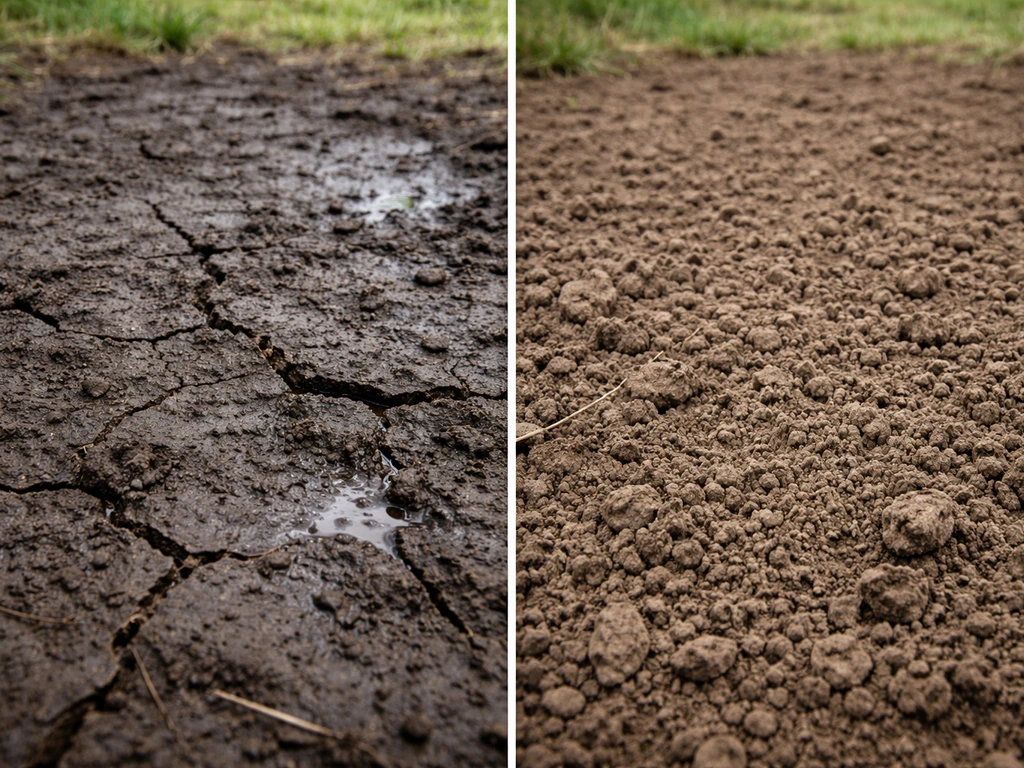 Avant/après : surface argileuse humide avec croûte et flaques, puis sol ameubli et assaini.
