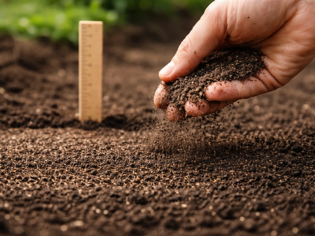 Gros plan sur l’application d’une fine couche de terreau sur des graines de gazon, repère de 0,5 à 1 cm