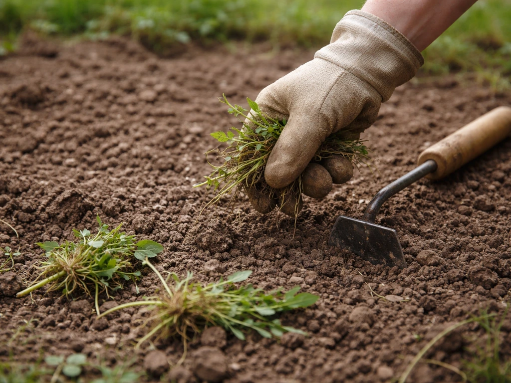 Personne qui sarcle à la main une zone de terre avant semis, mauvaise herbes arrachées, jardin minimal