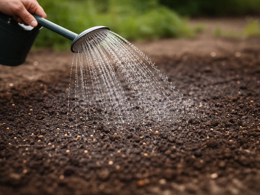 Arrosoir avec pluie fine arrosant une terre fraîchement semée, sans déplacer les graines