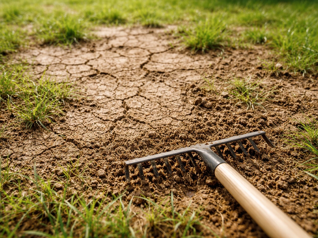 Gazon après une pluie : croûte brunâtre en surface, légère trace de passage de râteau