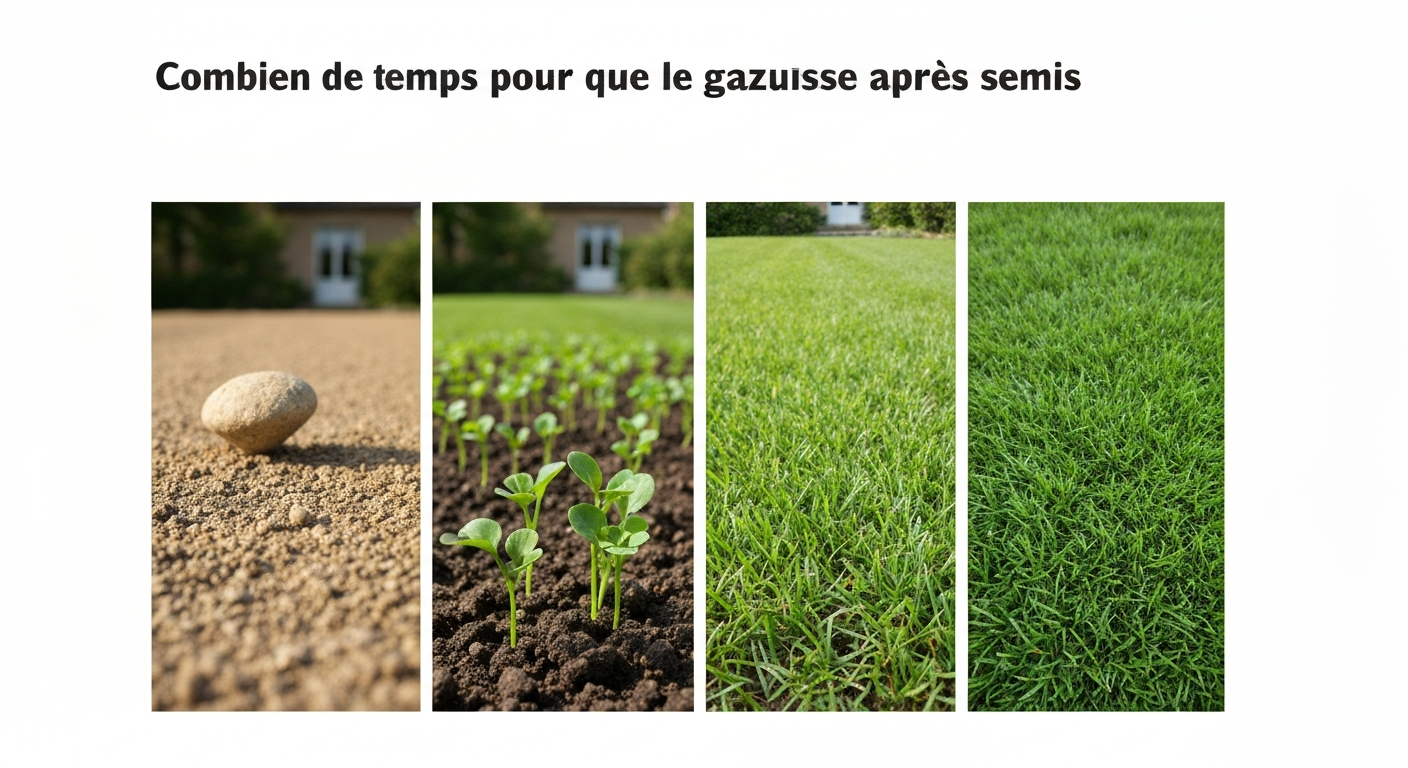 Triptyque photo montrant graines en terre, jeunes pousses et pelouse dense — progression de la levée au gazon établi