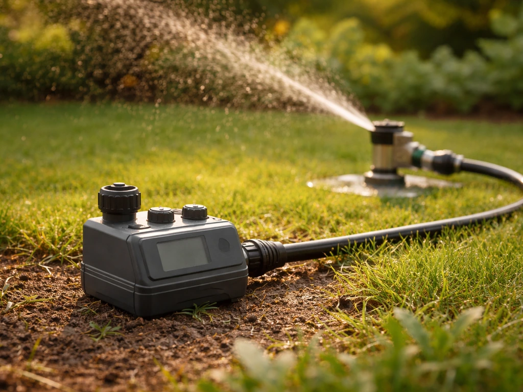 Minuteur d’arrosage près d’un arroseur, dans un jardin au soleil, pour illustrer le bon moment en juillet.