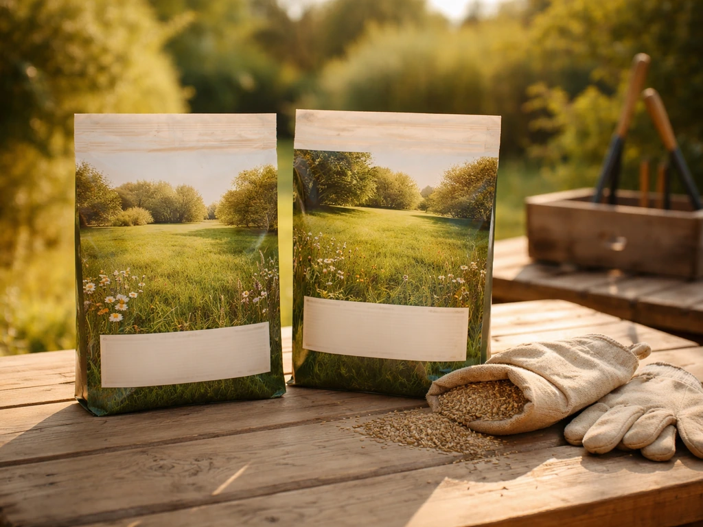 Sacs/boîtes de graines pour pelouse d’été posés sur une table de travail, avec gants de jardinage.