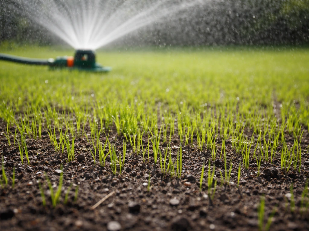 Jeunes pousses de gazon sur sol humide, arroseur en fonctionnement avec voile de pluie fine.