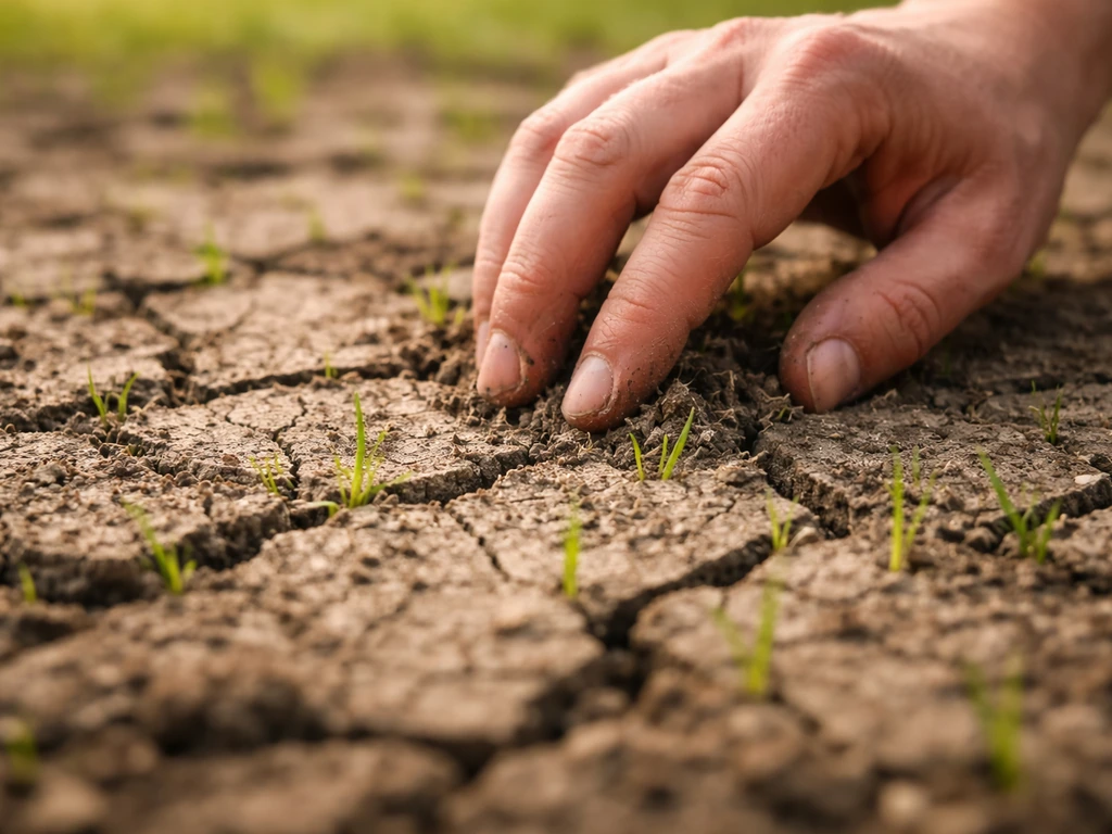 Gazon ensemencé avec croûte terreuse craquelée, une main griffe délicatement la surface.