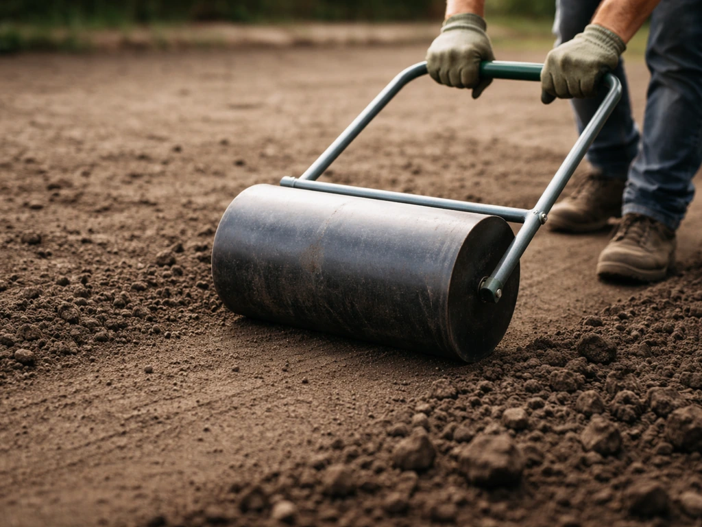 Rouleau à gazon qui tasse légèrement une terre fraîchement bêchée et nivelée, jardin minimal.