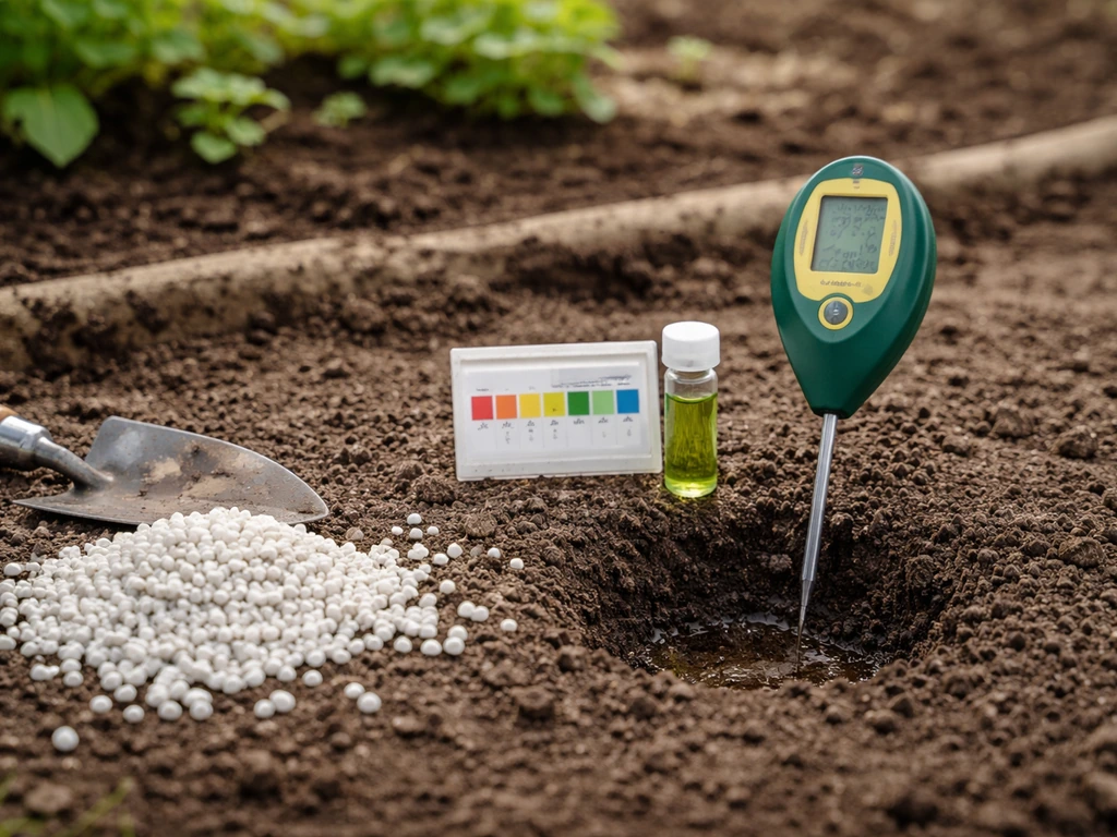 Testeur de pH et granulés de chaux sur une terre de jardin, avant semis.