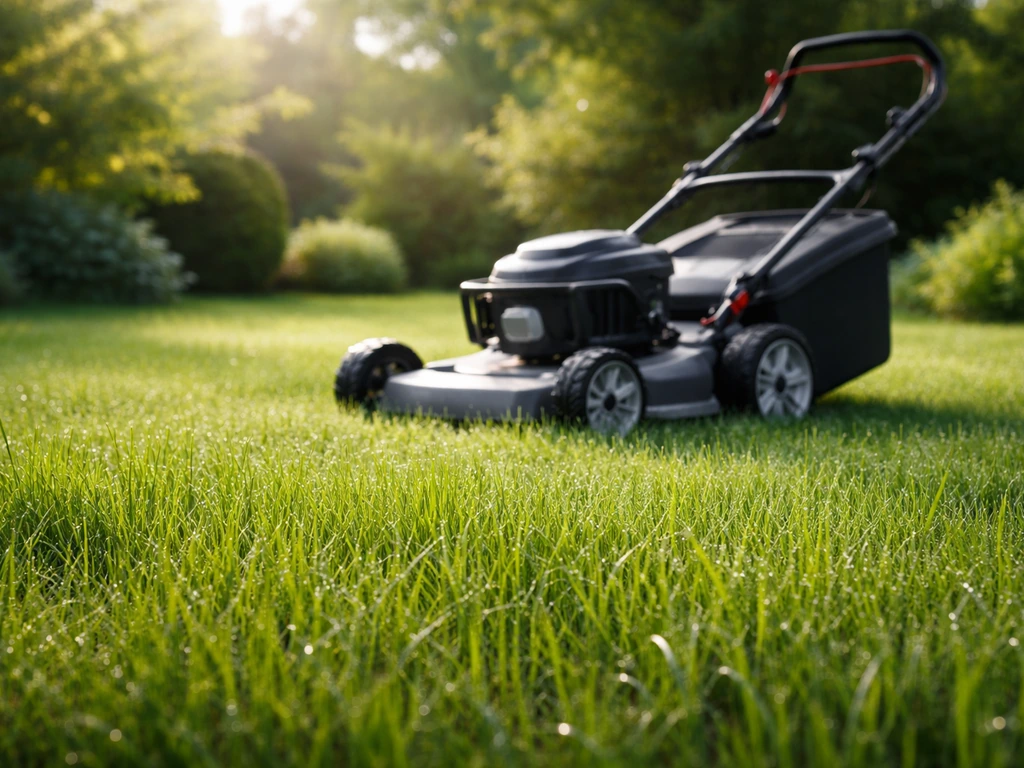 Jeunes pousses de gazon d’environ 8–10 cm, tondeuse réglée en hauteur dans un jardin calme.
