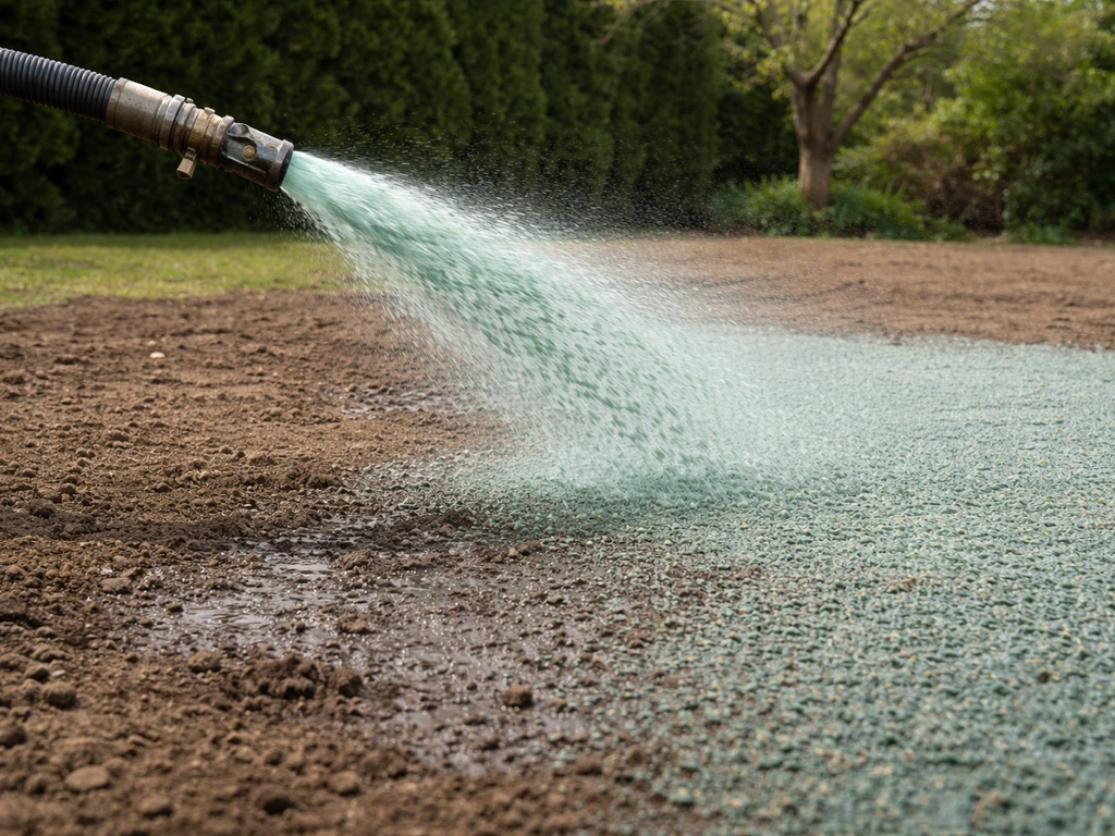 Hydro-ensemencement : mélange projeté par un tuyau sur une surface de jardin, couche protectrice en formation.