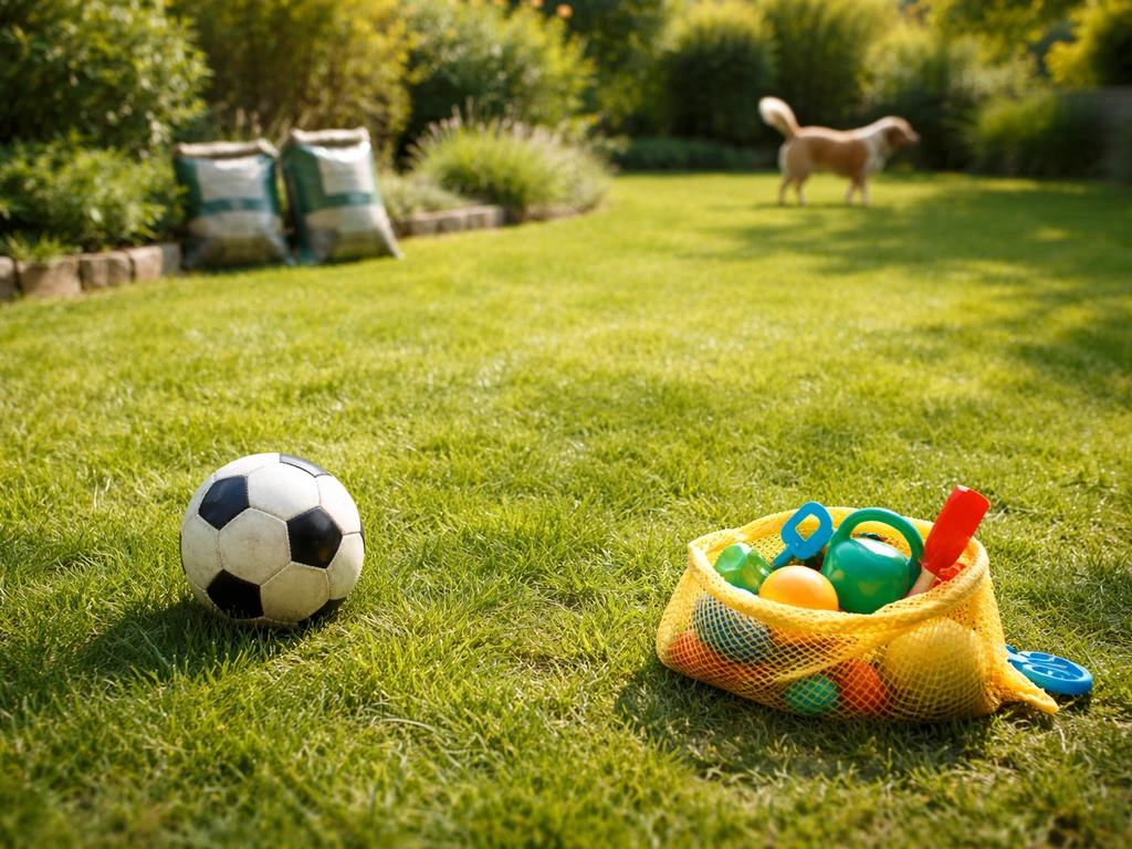 Pelouse ensoleillée avec ballon et jouets, chien qui joue, arrière-plan de sacs de semences flous, jardin calme.