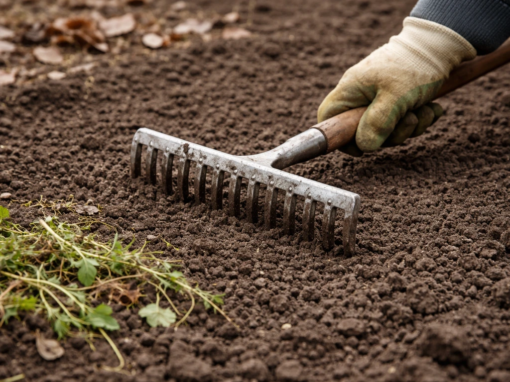 Gros plan sur un sol de jardin ameubli en hiver, râteau et désherbage préalable, terre humide non gelée