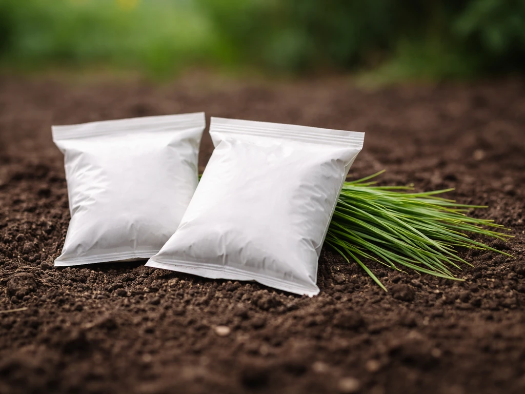 Sachets de semences de ray-grass et brins d’herbe verte sur un sol de jardin, prêts pour un semis hivernal.