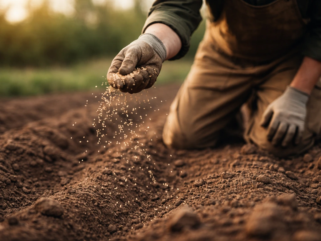 Main en train de répartir des graines à la volée sur un petit jardin, terre préparée au premier plan.