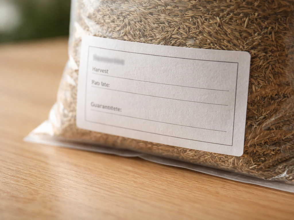 Gros plan sur l’étiquette d’un sachet de graines de gazon indiquant une date de récolte/garantie.