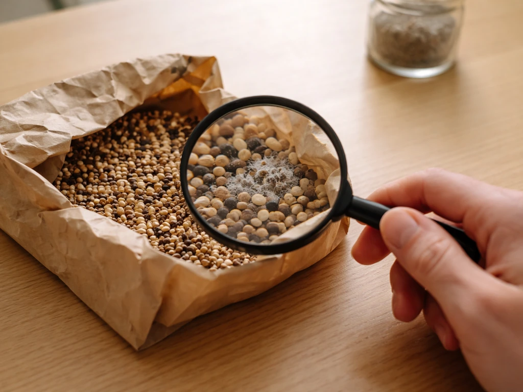 Sur une table, un sachet de graines ouvert et une loupe pour inspecter l’aspect et repérer d’éventuelles moisissures