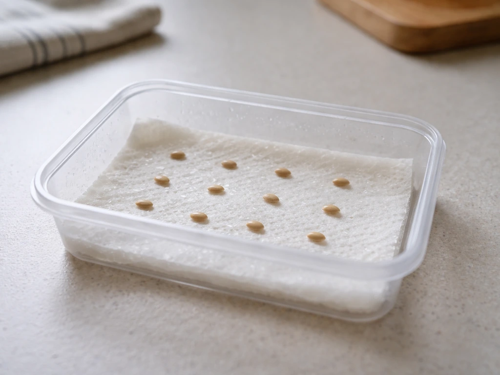 Dix graines sur papier absorbant humide, dans une assiette transparente, avant le démarrage de la germination.