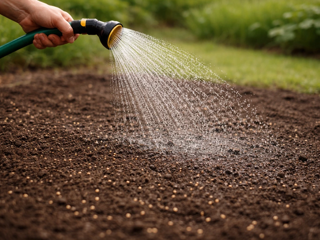 Arrosage en pluie fine juste après semis : gouttelettes sur un sol sombre, graines non déplacées.