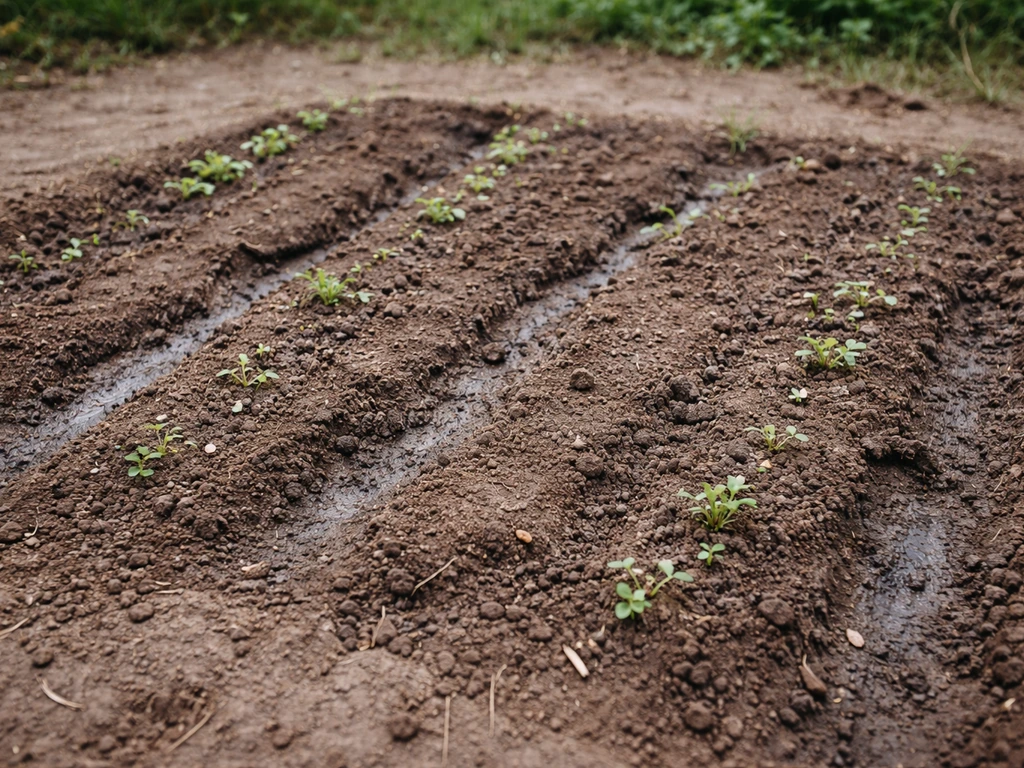 Semis au jardin avec rigoles et terre dénudée après une pluie, arrosage trop fort.